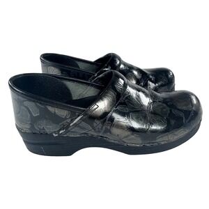 Dansko Clogs Black Metallic Silver Gold Floral Patent Leather Women US 9.5 EU 40